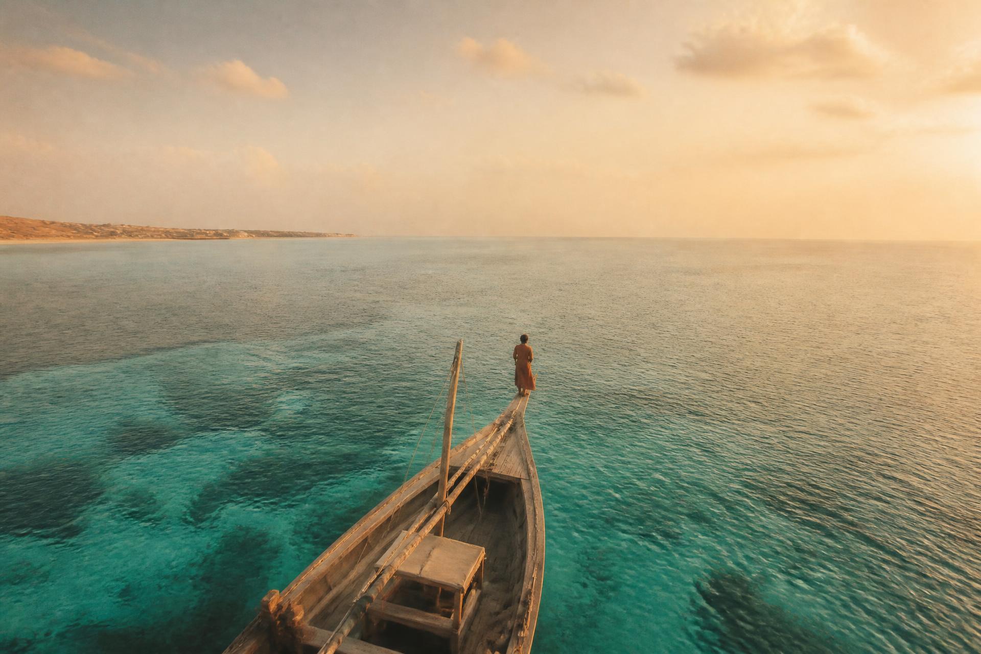 Blick vom Bug eines Holzbootes auf türkisfarbenes Meer im Abendlicht